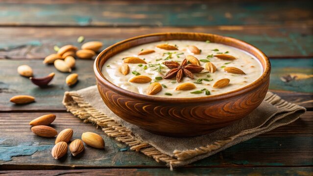 Creamy kheer dessert with sliced almonds and a sprinkle of cardamom powder on top