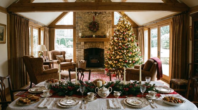 クリスマスツリーが飾られた温かいリビングダイニングとディナーの食卓