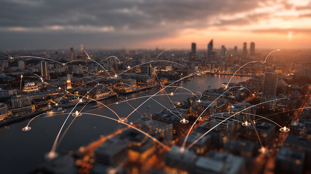nigth time Smart digital Innovation city with connection network reciprocity over the city of future smart wireless digital city and social media networking systems that connects people with in city