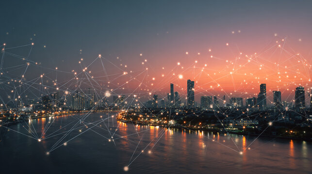 nigth time Smart digital Innovation city with connection network reciprocity over the city of future smart wireless digital city and social media networking systems that connects people with in city