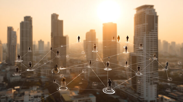 nigth time Smart digital Innovation city with connection network reciprocity over the city of future smart wireless digital city and social media networking systems that connects people with in city