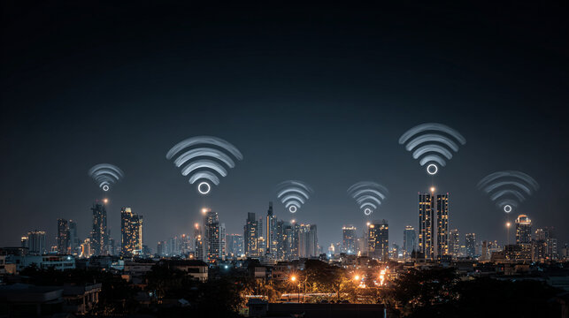 nigth time Smart digital Innovation city with connection network reciprocity over the city of future smart wireless digital city and social media networking systems that connects people with in city