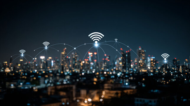 nigth time Smart digital Innovation city with connection network reciprocity over the city of future smart wireless digital city and social media networking systems that connects people with in city