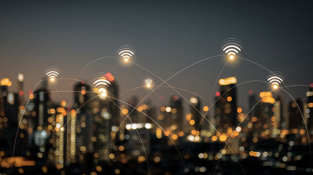 nigth time Smart digital Innovation city with connection network reciprocity over the city of future smart wireless digital city and social media networking systems that connects people with in city