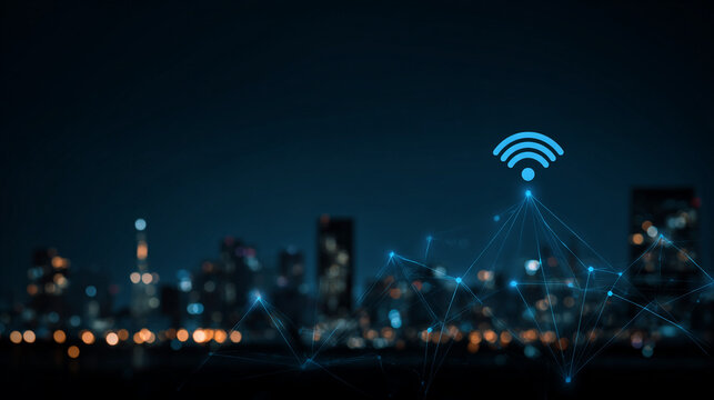 nigth time Smart digital Innovation city with connection network reciprocity over the city of future smart wireless digital city and social media networking systems that connects people with in city