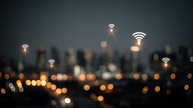 nigth time Smart digital Innovation city with connection network reciprocity over the city of future smart wireless digital city and social media networking systems that connects people with in city