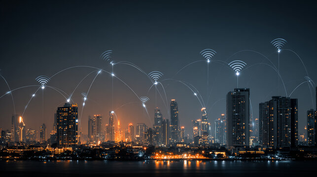 nigth time Smart digital Innovation city with connection network reciprocity over the city of future smart wireless digital city and social media networking systems that connects people with in city