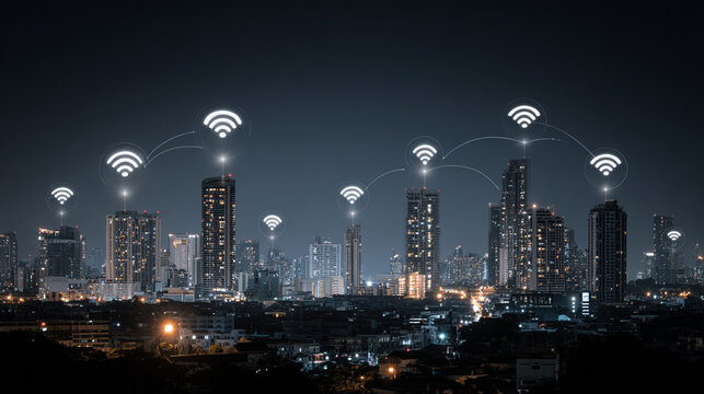 nigth time Smart digital Innovation city with connection network reciprocity over the city of future smart wireless digital city and social media networking systems that connects people with in city