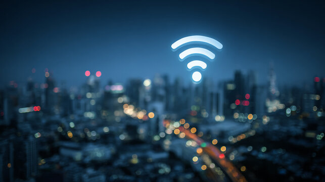 nigth time Smart digital Innovation city with connection network reciprocity over the city of future smart wireless digital city and social media networking systems that connects people with in city