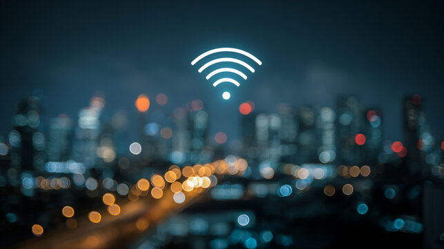 nigth time Smart digital Innovation city with connection network reciprocity over the city of future smart wireless digital city and social media networking systems that connects people with in city