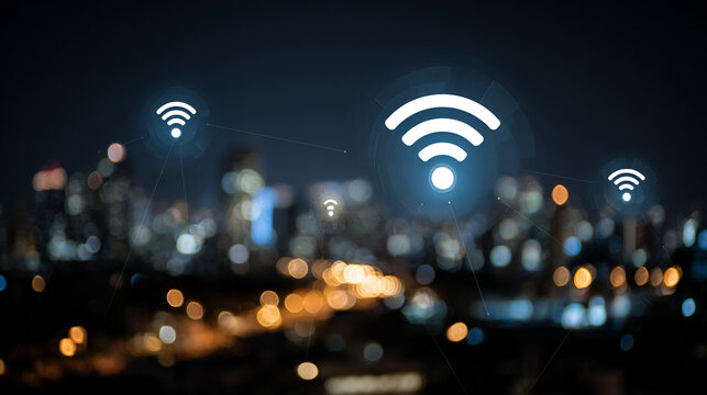 nigth time Smart digital Innovation city with connection network reciprocity over the city of future smart wireless digital city and social media networking systems that connects people with in city
