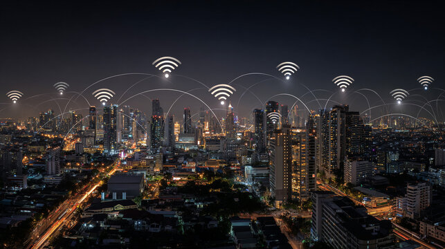 nigth time Smart digital Innovation city with connection network reciprocity over the city of future smart wireless digital city and social media networking systems that connects people with in city