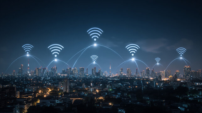 nigth time Smart digital Innovation city with connection network reciprocity over the city of future smart wireless digital city and social media networking systems that connects people with in city