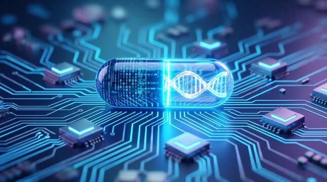 Futuristic digital capsule pill with DNA strand on electronic circuit board representing AI technology in medicine, biotech, and digital health concept