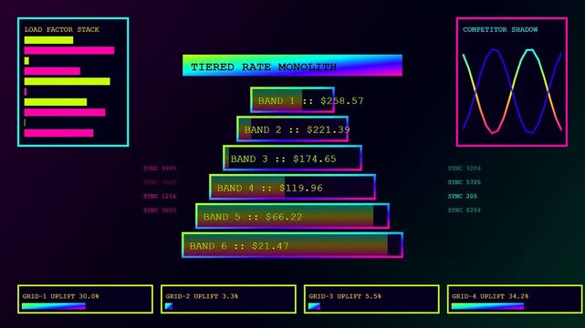 Dynamic pricing interfaces display complex layered economic models with changing numerical values arranged across multiple illuminated digital panels shown in a continuous looping motion sequence