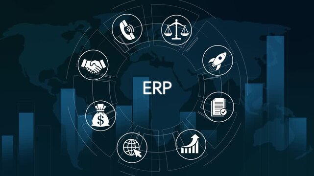 Enterprise resource planning erp software concept with digital business icons and global data analytics network
