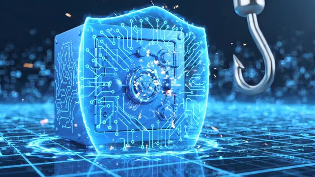 red email envelope hangs from metal fishing hook before digital security safe shield set against an abstract glowing blue cyber background representing data protection and online phishing