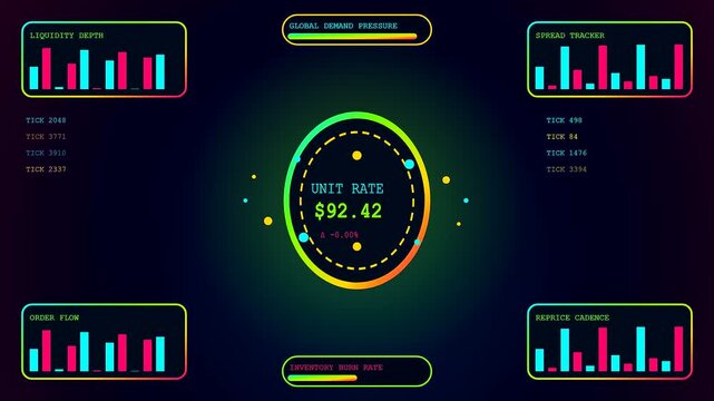 A screen displaying dynamic pricing analytics with shifting numerical unit rates and glowing bar charts shown across three sequential panels in a dark digital interface environment