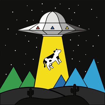 UFO Abducting a Cow in Desert Night Sky Alien Abduction Concept Illustration