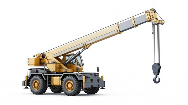 Heavy duty mobile crane with hook and boom extended for lifting construction materials in industrial settings