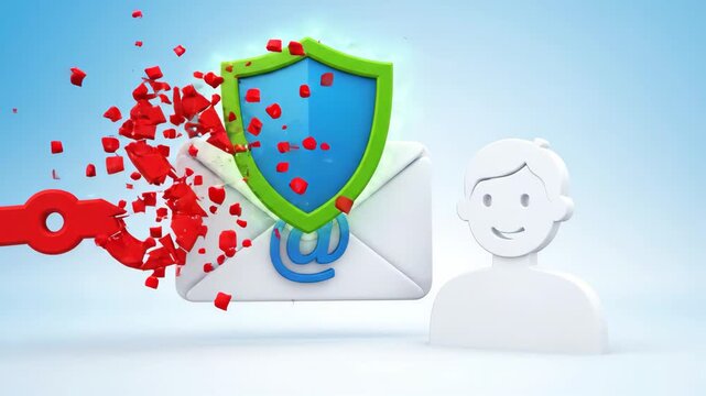 protective shield guards an email icon against red phishing hook symbol while stylized white human figure stands beside them on soft blue studio background representing digital security
