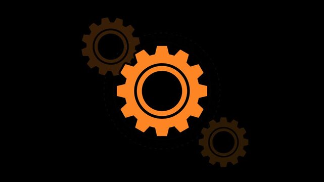 Orange Gear Mechanism Rotating Against Solid Deep Black Studio Background Motion Graphics