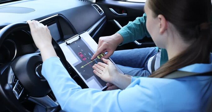 Driving school. Instructor teaching student how to drive through uncontrolled intersection on scheme in car, closeup