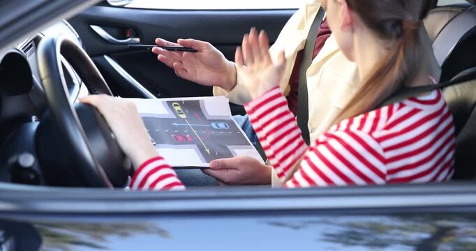 Driving school. Instructor teaching student how to drive through uncontrolled intersection on scheme in car, closeup