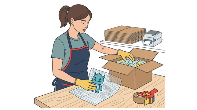 Female small business owner packing cute monster toy in cardboard box for e-commerce shipping and logistics order fulfillment