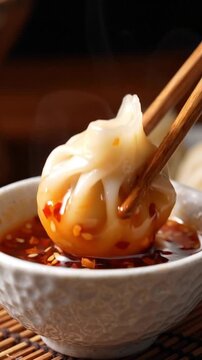 Wooden chopsticks dipping a juicy steamed dumpling into a small bowl of spicy red chili oil