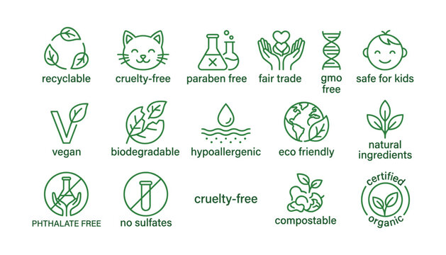 Eco friendly organic packaging badge vector icon set featuring vegan cruelty free natural ingredients clean beauty product labels