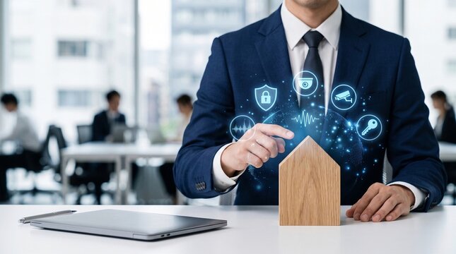 Smart home security system concept with businessman pointing at wooden house model and digital protection icons. Professional real estate insurance and IoT technology for property safety.