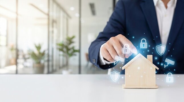 Home security system concept with businessman protecting house model using digital icons of locks, shields, and cameras for smart home technology and real estate insurance protection.