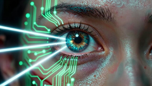 Human eye with glowing circuitry and laser beams, merging biology and technology.