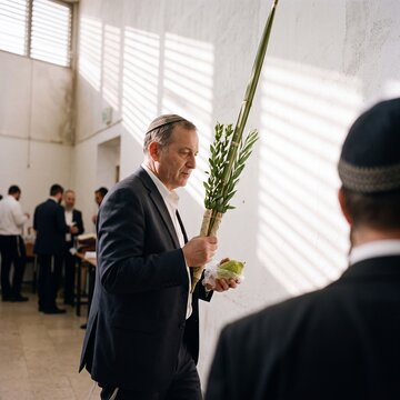 Jewish man holding a traditional lulav and etrog during morning prayer services for the holiday of Sukkot in a bright synagogue