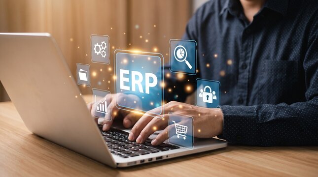 Enterprise Resource Planning ERP software system concept with businessman using laptop computer in office