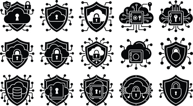 Cloud security and data protection shield icon set for cyber defense and hosting safety