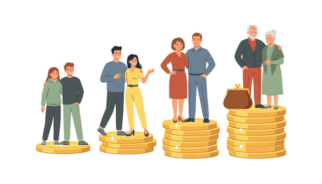 Family life cycle financial growth concept showing couples standing on increasing coin stacks from youth to retirement vector
