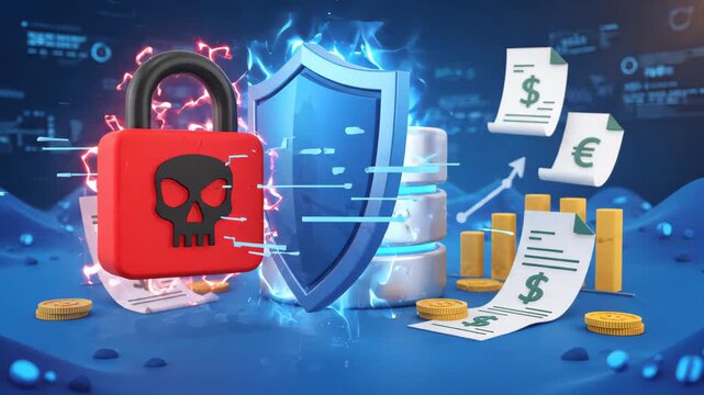 red skull-branded padlock attacking protective shield with floating coins and financial documents over data server background representing digital cyber security breach