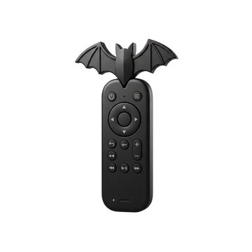 3D icon of a black television remote control with a spooky bat figure on top, gothic style multimedia device for Halloween horror movies and entertainment, isolated on white transparent background