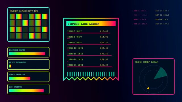 Dynamic pricing interfaces display complex stock data with financial lists and digital graphs appearing in a colorful neon UI design for modern e commerce analytical software