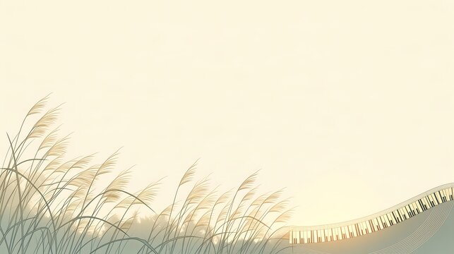 Minimal autumn landscape with golden reeds and a winding piano keyboard path at sunrise, elegant seasonal music banner background for concert poster or card