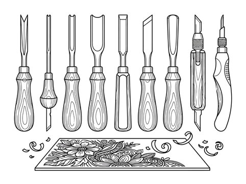 Wood carving tools set with various chisels gouges and a floral carved wooden panel.