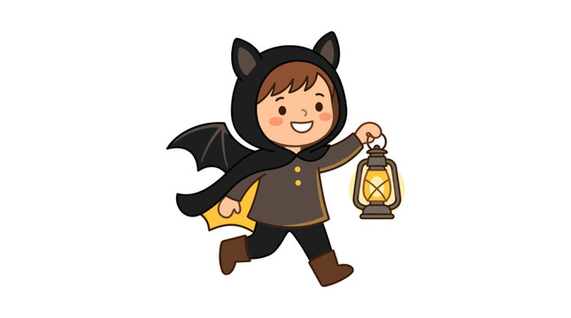 Child in Bat Costume Carrying Glowing Lantern for Autumn Holiday