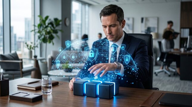 Cybersecurity businessman digital protection hologram interface in modern office. Professional man managing data security with futuristic shield and lock icons for network privacy and encryption.