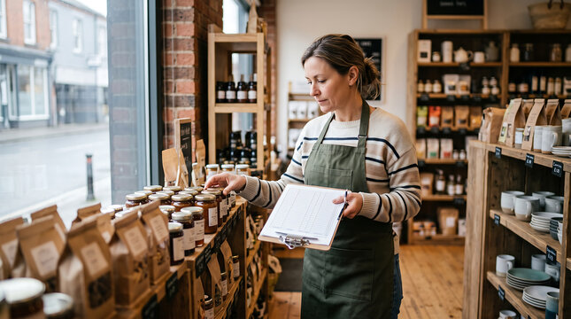Female small business owner or shop assistant in a green apron checking inventory list on a clipboard while managing products on wooden shelves in a cozy organic grocery store or local deli shop