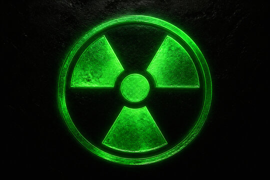 A glowing green radioactive symbol is displayed against a black background.