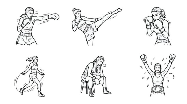 Female Boxers Training and Kickboxing Line Art Vector Set
