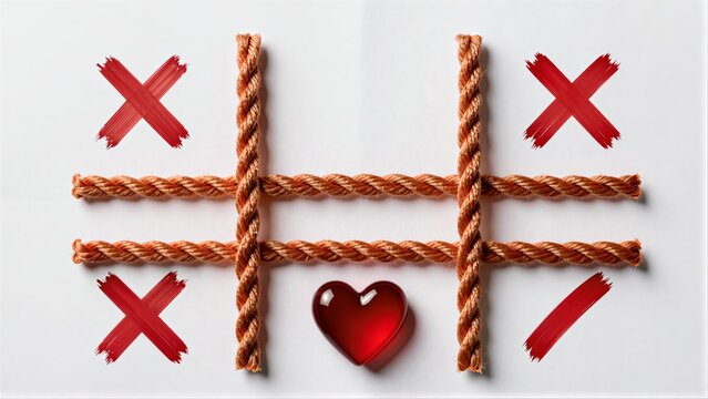 Heart-shaped gem in rope tic-tac-toe, red X's and a single mark.