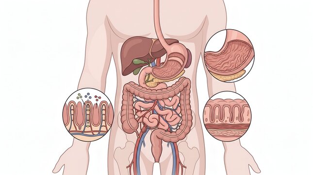 Human digestive system anatomy illustration with internal organs and villi details